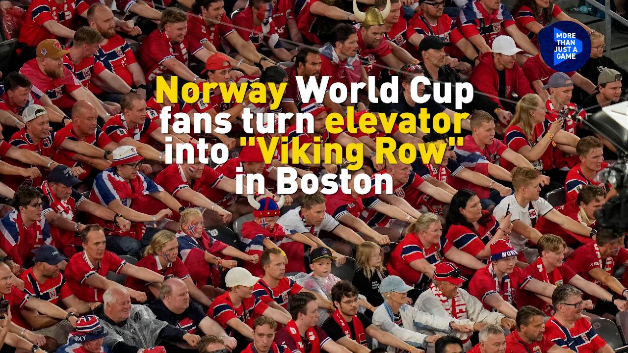Norway World Cup fans turn elevator into "Viking Row" in Boston
