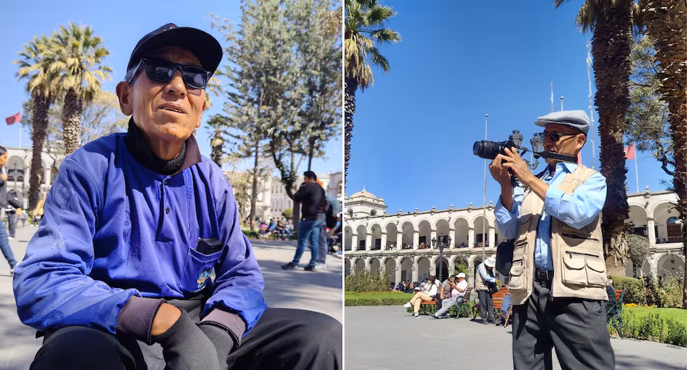 Pedro León Apaza (lustrador) y Fernando Choquecota Condori (fotógrafo), padres en Arequipa. (Foto: Flor Barrios/@photo.gec)