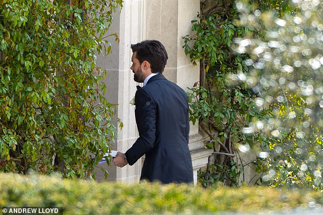 Jack Whitehall's mother Hilary has stunned in a sequined gown as she followed her son in arriving at the Cotswolds country manor where he will marry Roxy Horner in a £250,000