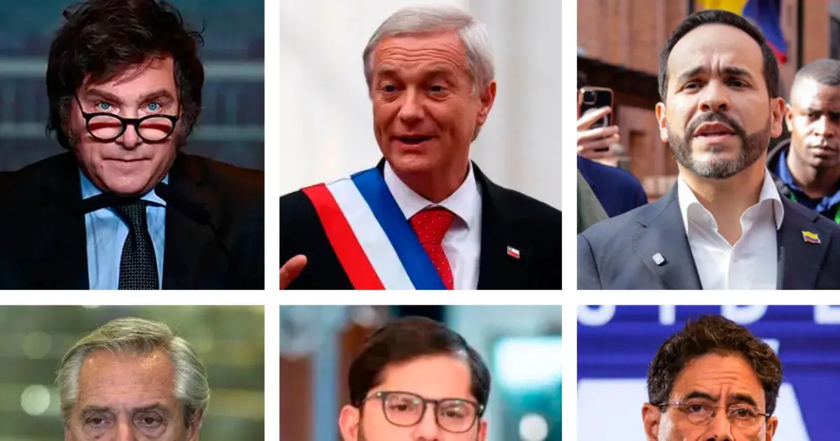 Arriba: los presidentes de Argentina, Javier Milei; de Chile, José Antonio Kast, y el candidato presidencial de Colombia, Abelardo de la Espriella. Abajo: los expresidentes de