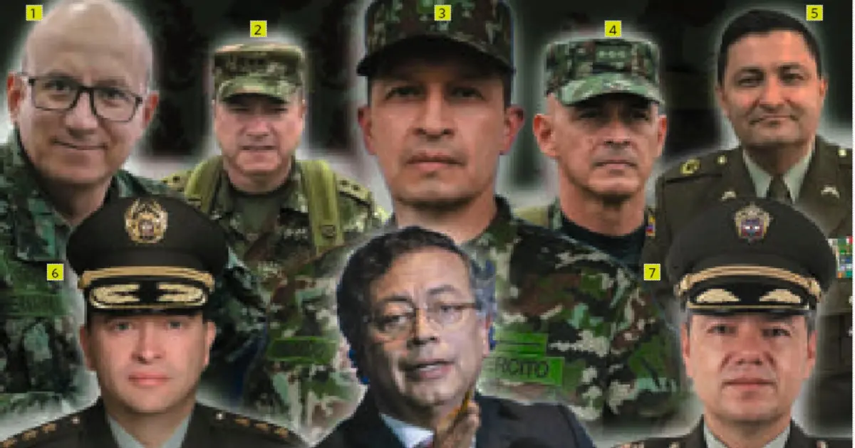 Arriba, de izquierda a derecha: general (r) Jorge Hernández (1), general (r) Óscar Murillo (2), general (r) Juan Carlos Fajardo (3), general (r) Erick Rodríguez (4) y coronel (r)