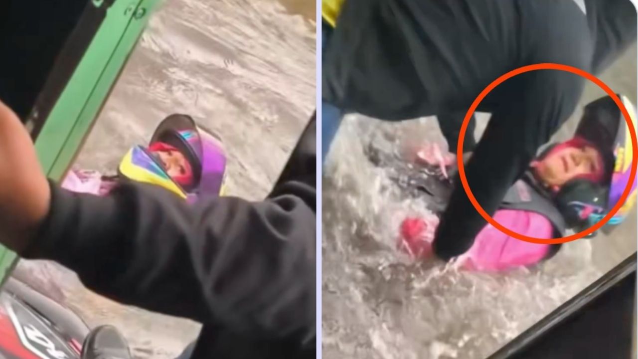 Captan a mujer siendo arrastrada por corriente de agua; se habría negado a soltar su motocicleta mientras trataban de ayudarla | IMÁGENES FUERTES