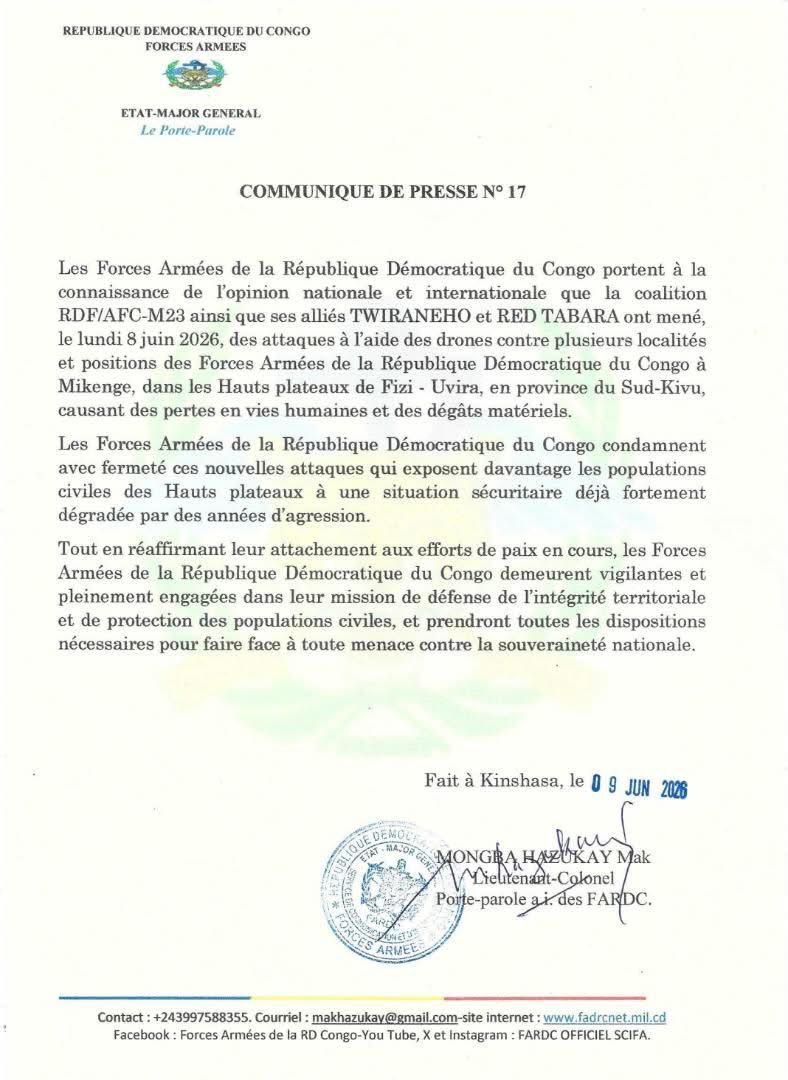 Sud-Kivu : La coalition RDF/AFC-M23 et ses alliés Twiraneho et Red Tabara ont attaqué plusieurs localités et positions militaires à Mikenge, dans les Hauts plateaux de Fizi-Uvira,