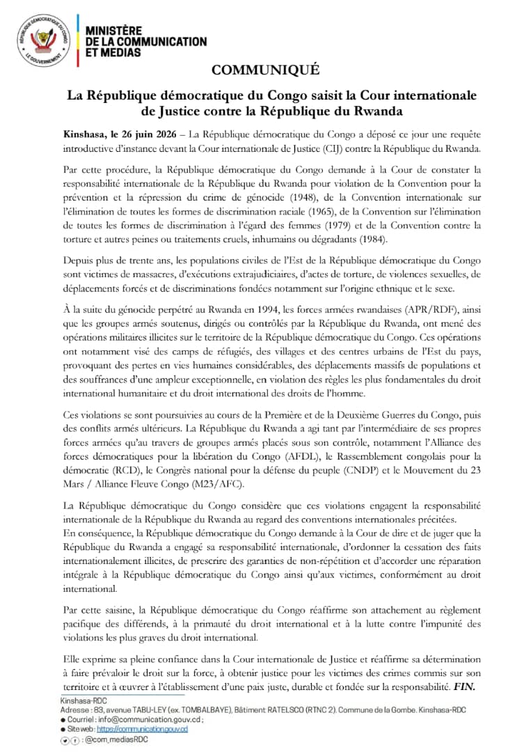 Guerre d’agression : La RDC saisit la cour internationale de Justice contre le Rwanda (communiqué)