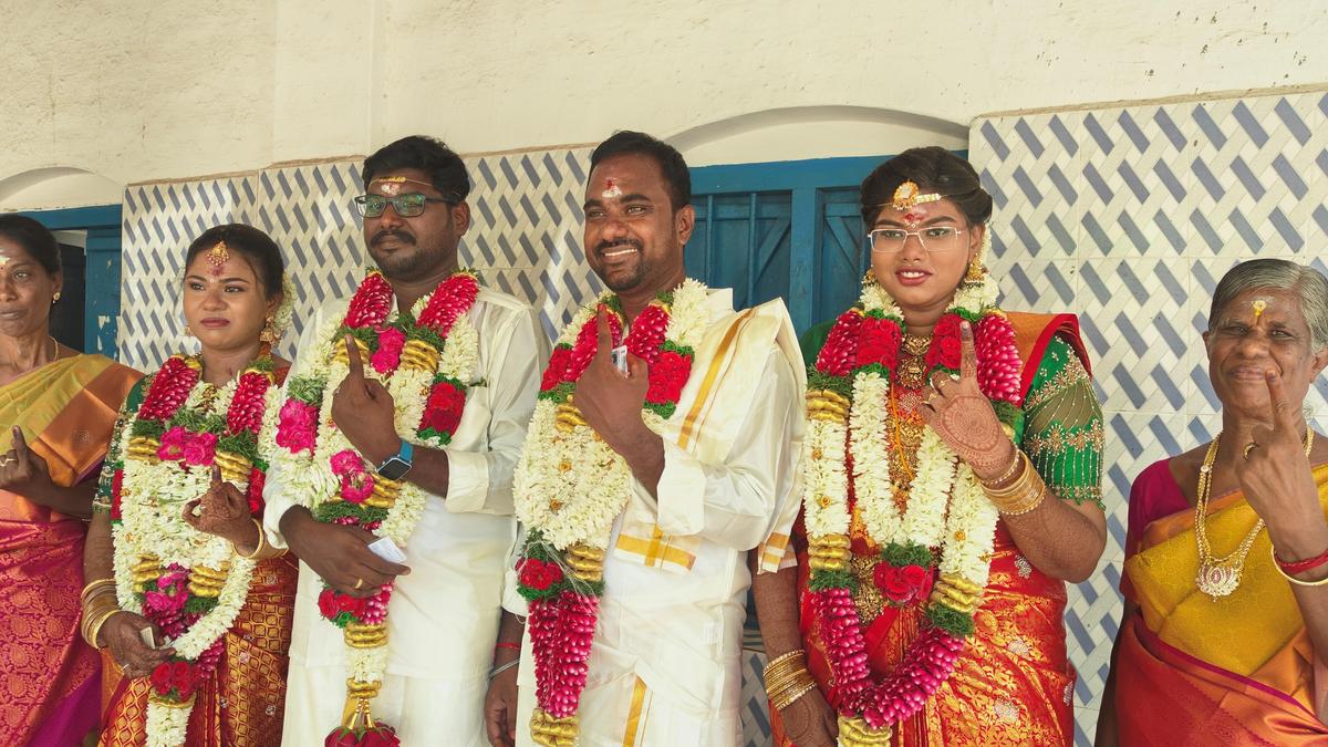 Newlywed couples in wedding attire cast votes in Ramanathapuram
