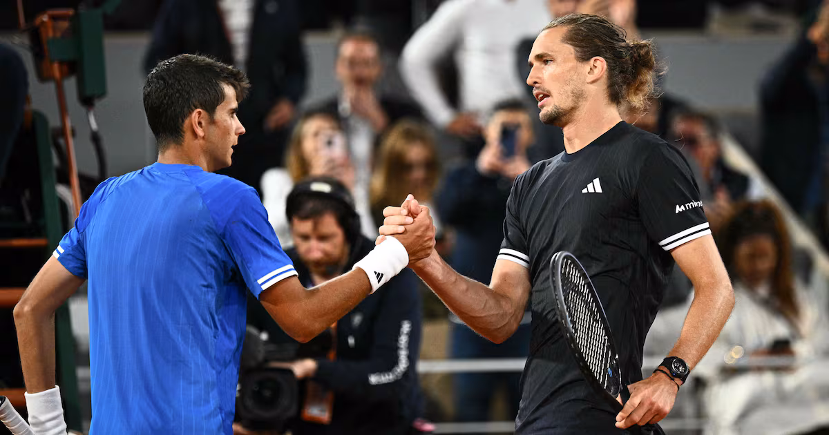 Germany's Alexander Zverev, right, after defeating Spain's Rafael Jodar in their French Open quarter-final. AFP