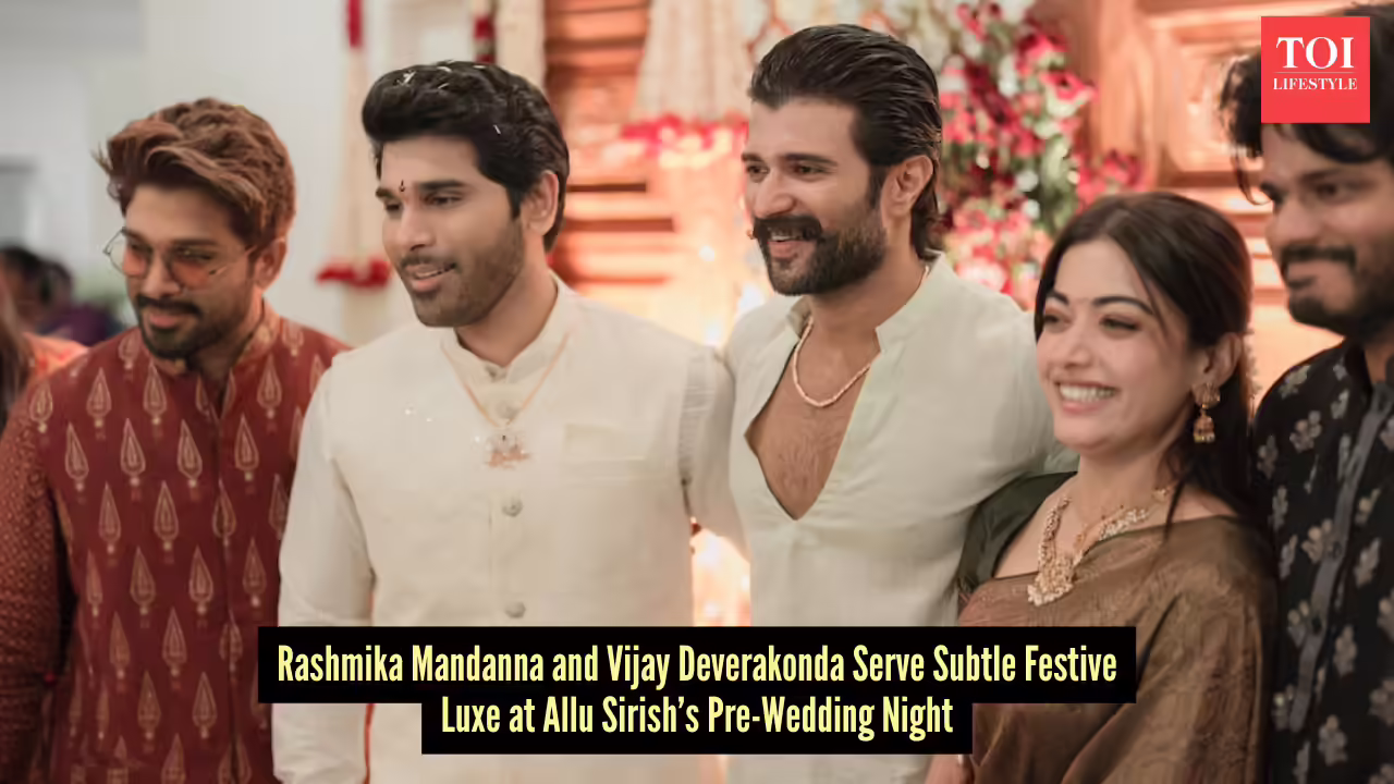 All eyes are on stylish newlyweds Rashmika Mandanna-Vijay Deverakonda as they join Allu Arjun at Sirish’s pre-wedding soirée