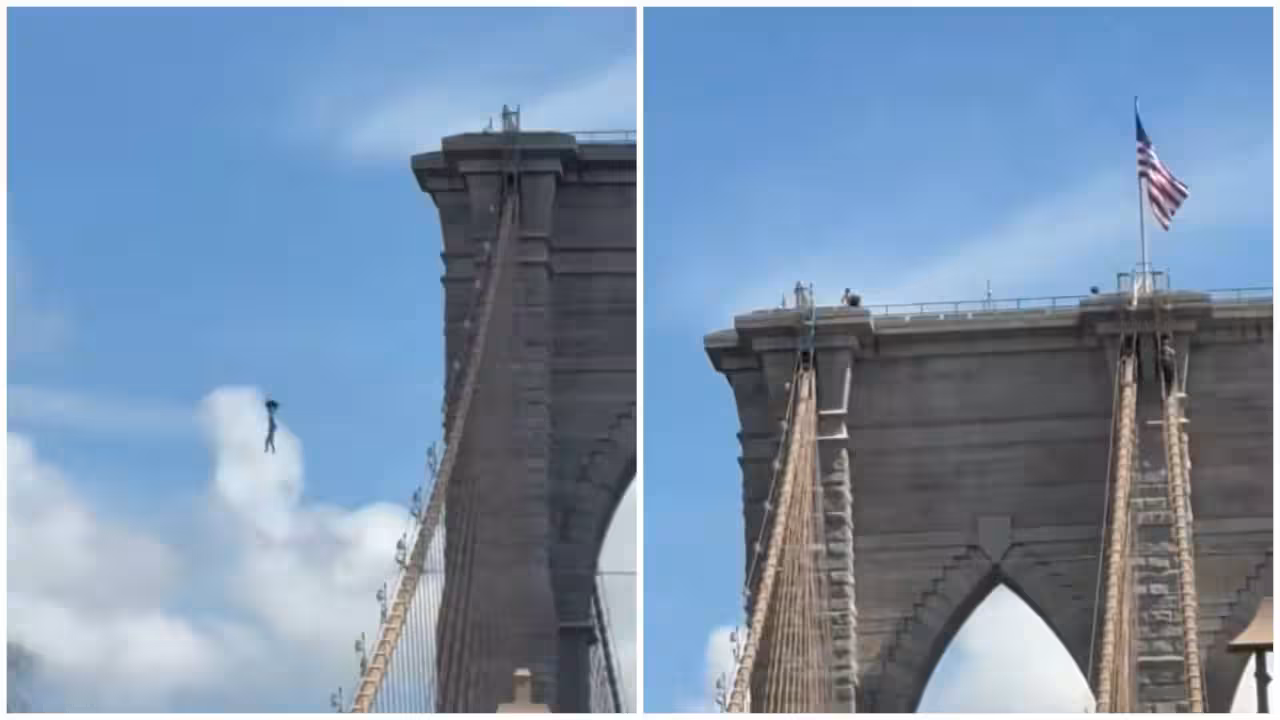 Man climbs Brooklyn Bridge naked, plants flags, jumps into East River, survives