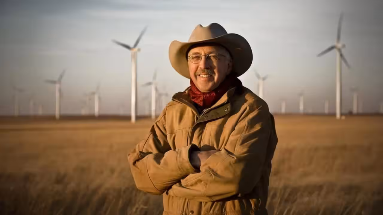 Kansas rancher Peter Ferrell earns half his income from 50 wind turbines on his ranch
