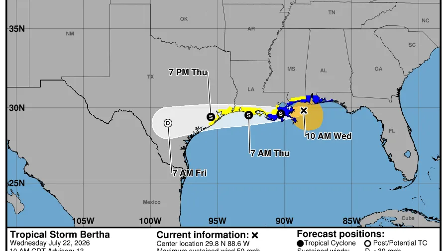Tropical Storm Bertha makes landfall in Louisiana: Live forecast updates