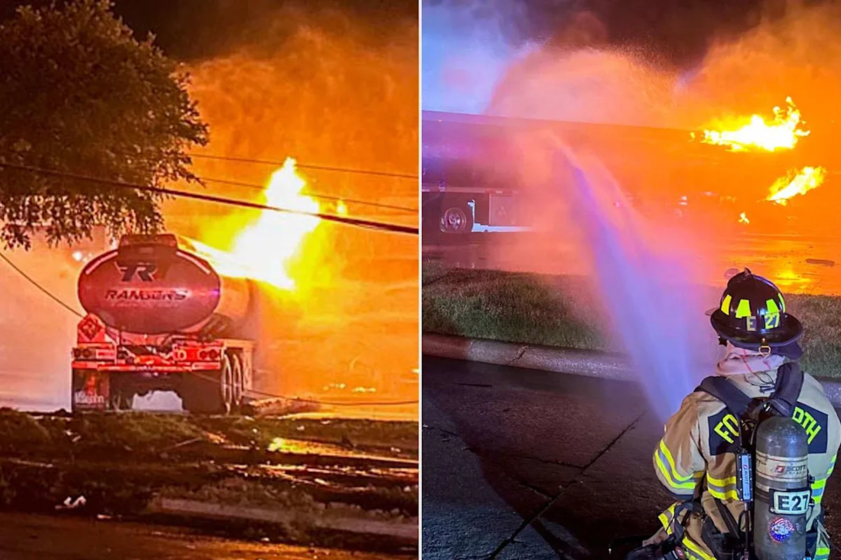 Gasoline tanker erupts in flames after hitting power lines, driver injured